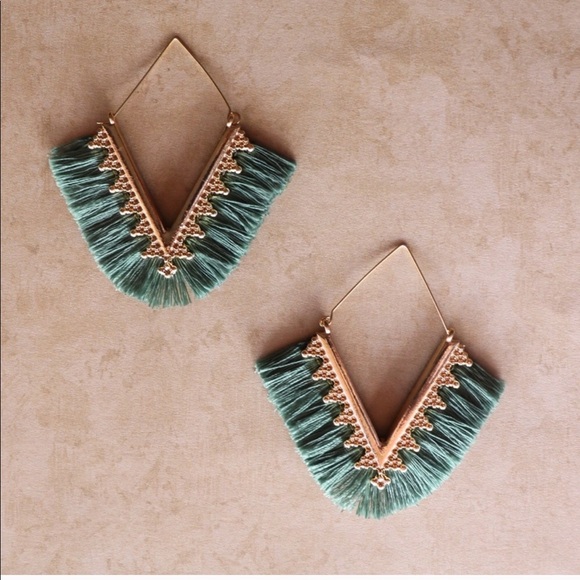 Moss Green Fringe Drop Earrings - Picture 3 of 6